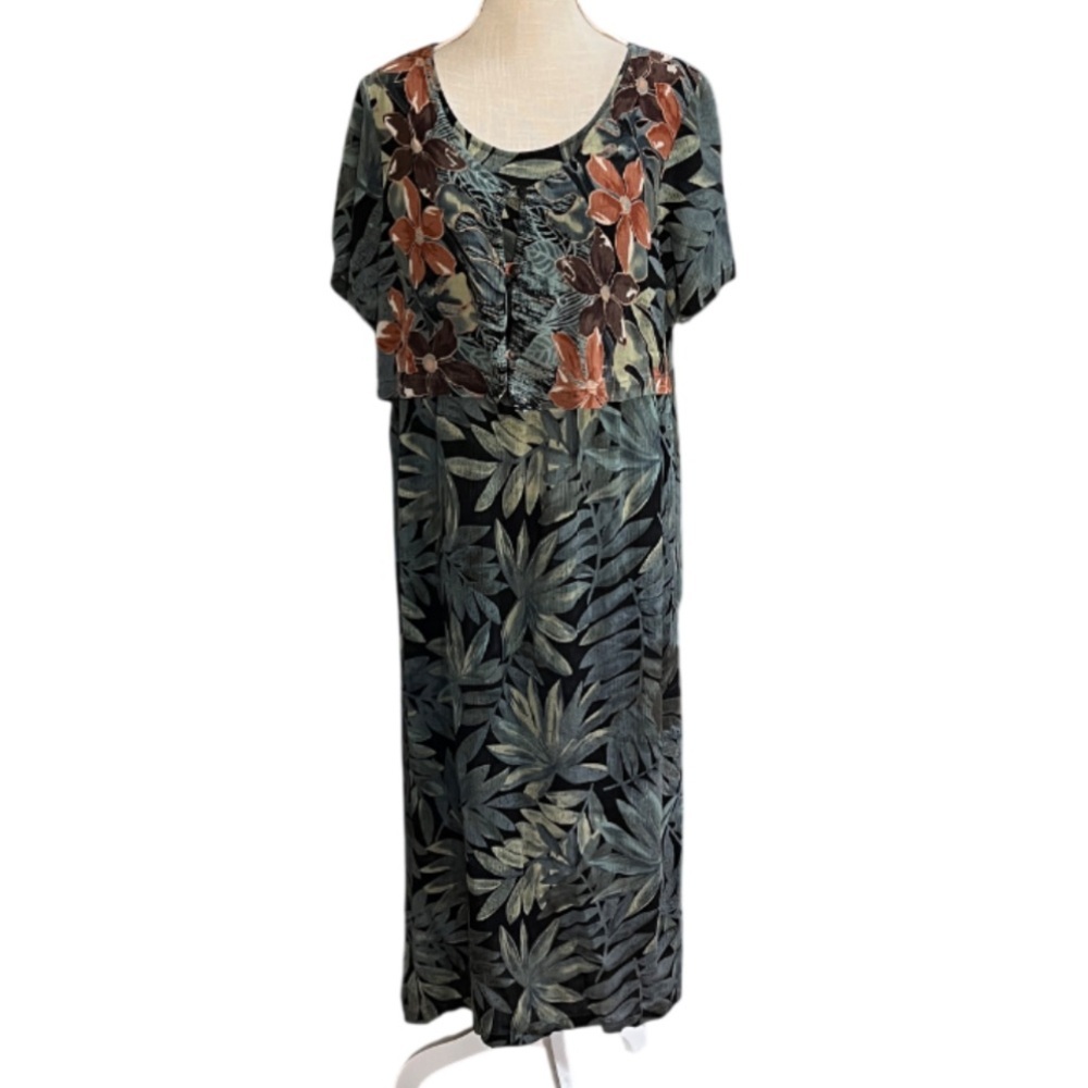 Hilo Hattie 🌴 Hawaiian Original Green & Brown Tropical Palm Leaf Dress - L